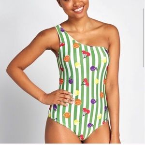 Modcloth Green Stripe Fruit Lola 1 Piece Swimsuit